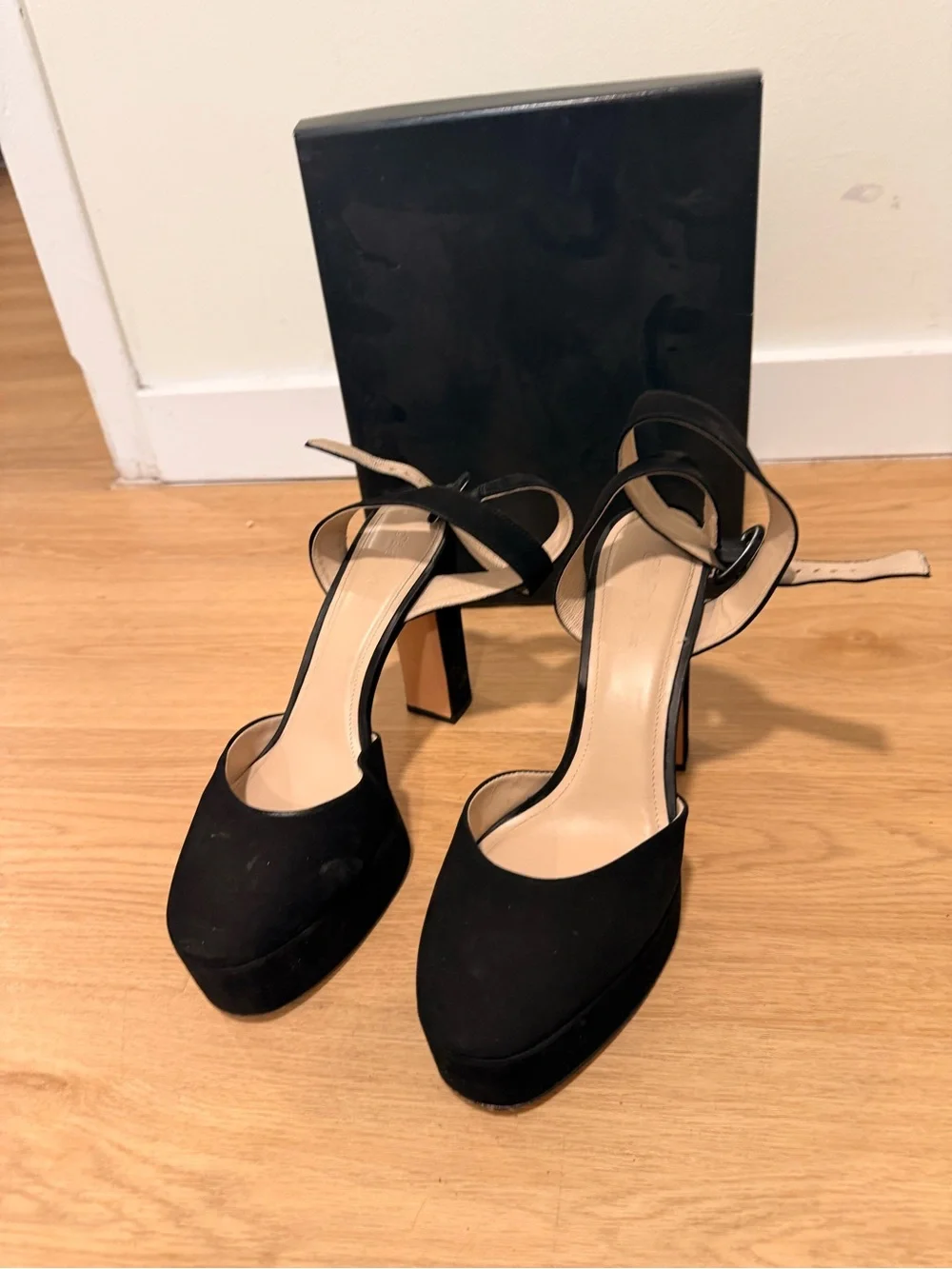 Saks Fifth Avenue Black Suede Platform Slingback Heels